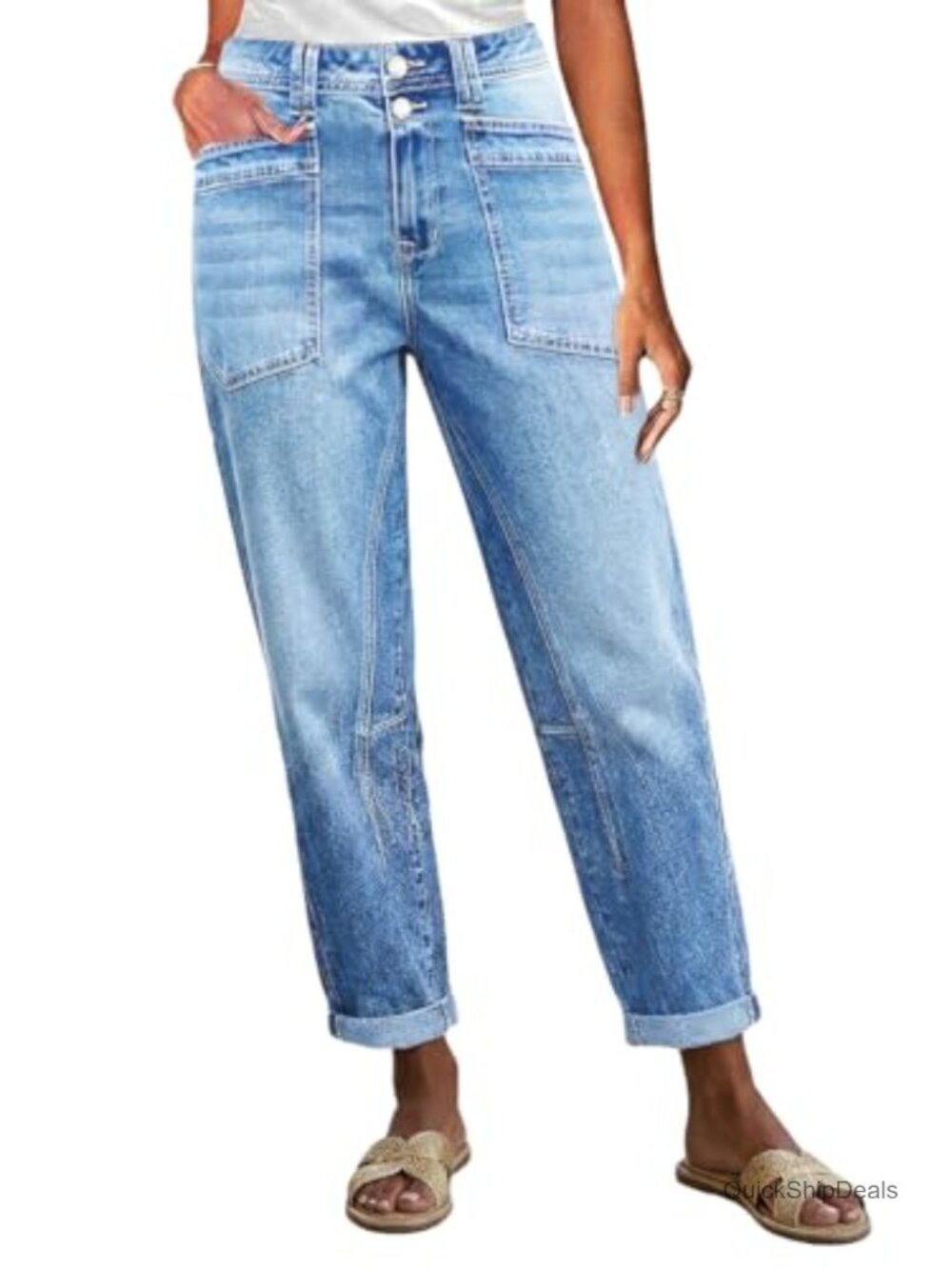 Mid Rise Barrel Leg Crop Jeans Cotton Stretch Dual Button Stitch Detail